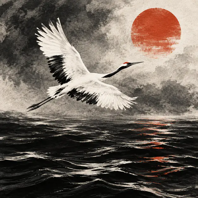 Ink Crane and Vermilion Sun