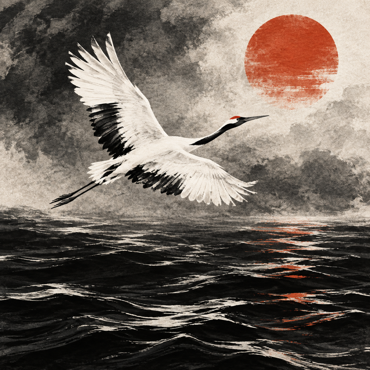 Ink Crane and Vermilion Sun